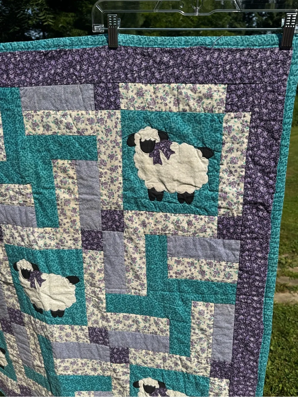 Handmade Vintage Lamb & Pinwheel Patchwork Baby Crib Quilt 39” x 39”